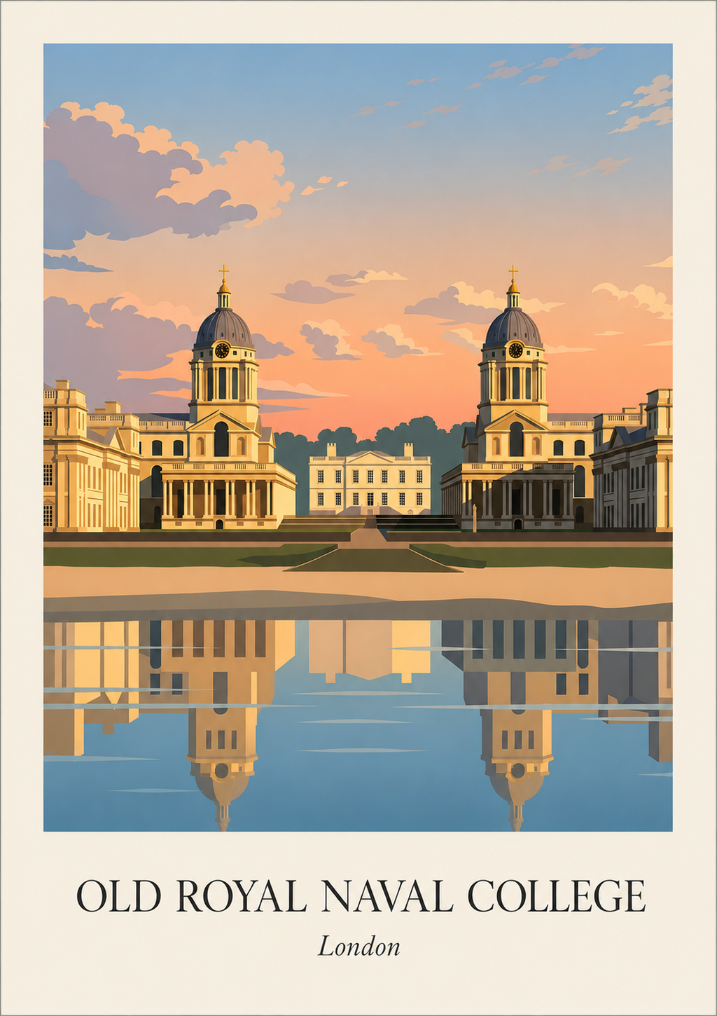 Old Royal Naval College poster in Greenwich, London. Flat-graphic architectural artwork showing the twin domes and reflection at sunset, designed in a minimalist travel poster style.