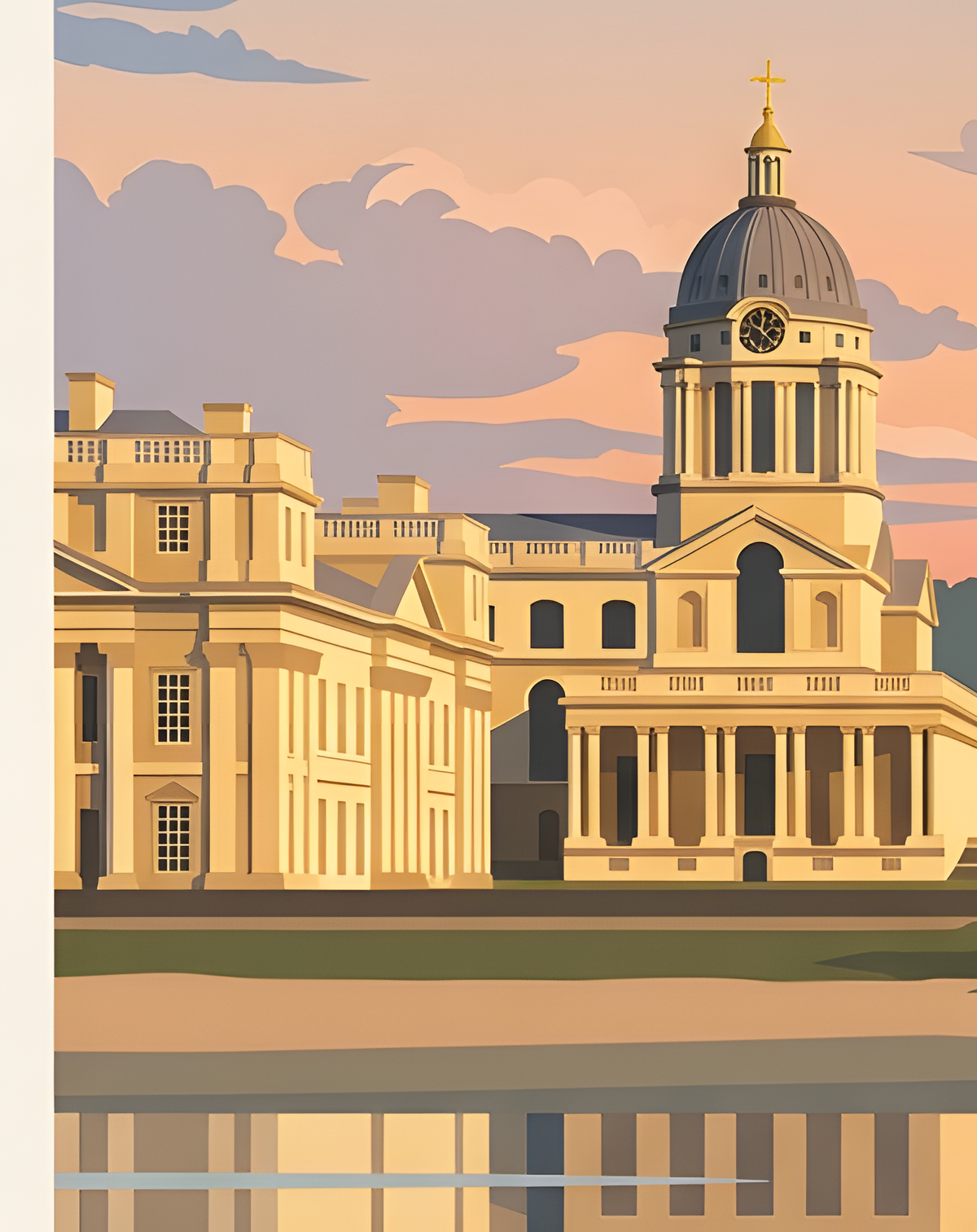 Close-up detail of the Old Royal Naval College poster highlighting architectural features and evening sky