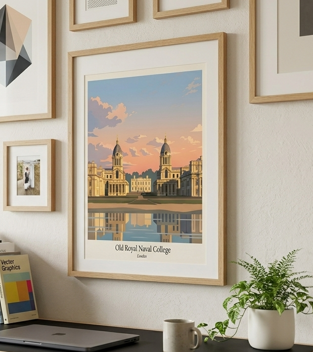 Framed Old Royal Naval College poster displayed in a modern home office interior