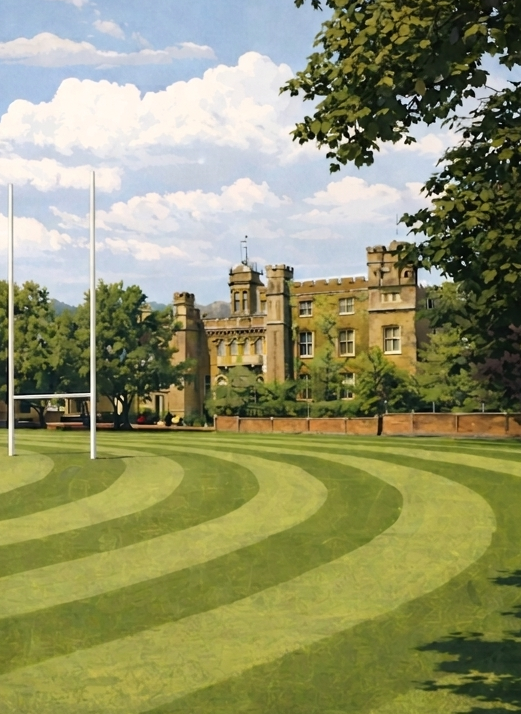 Detail of Rugby School poster showing the striped Close, rugby posts and historic school buildings beneath a summer sky.