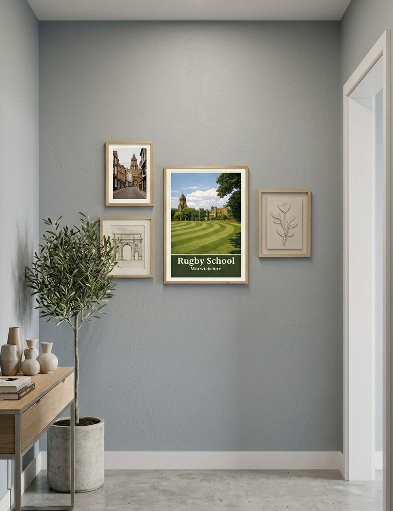 Rugby School Warwickshire art print displayed in a wooden frame as part of a neutral gallery wall.