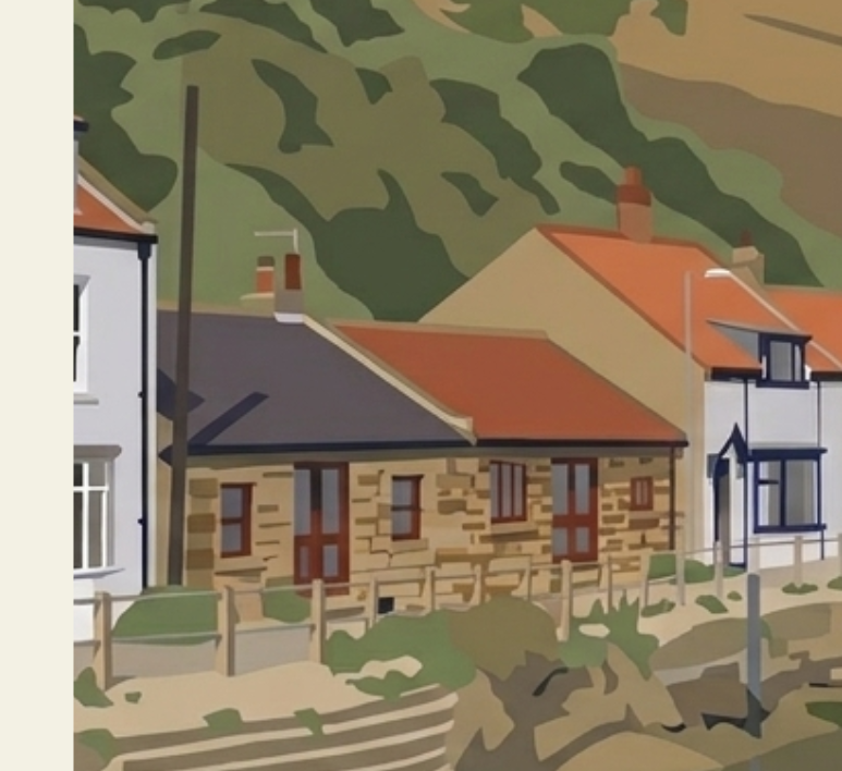 Close-up detail of the Staithes Harbour poster, highlighting the harbour cottages, cliff textures and layered flat-graphic design.