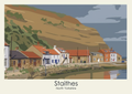 Flat graphic poster of Staithes Harbour in North Yorkshire, showing the fishing village beneath dramatic coastal cliffs.