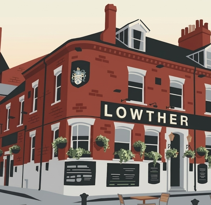 Close up showing detail from a vintage travel poster of The Lowther pub in York, England.
