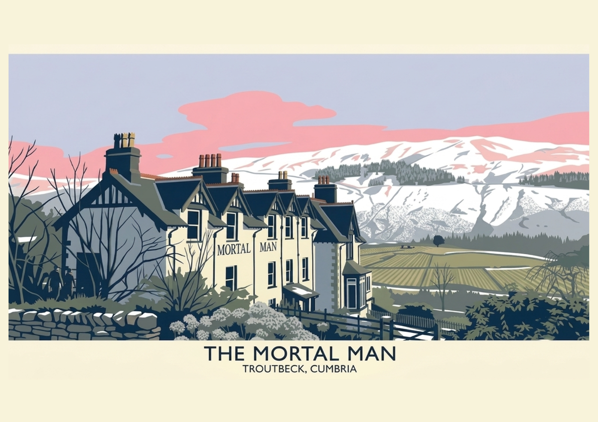 The Mortal Man poster showing the historic Troutbeck inn beneath snow-covered Lakeland fells in Cumbria.