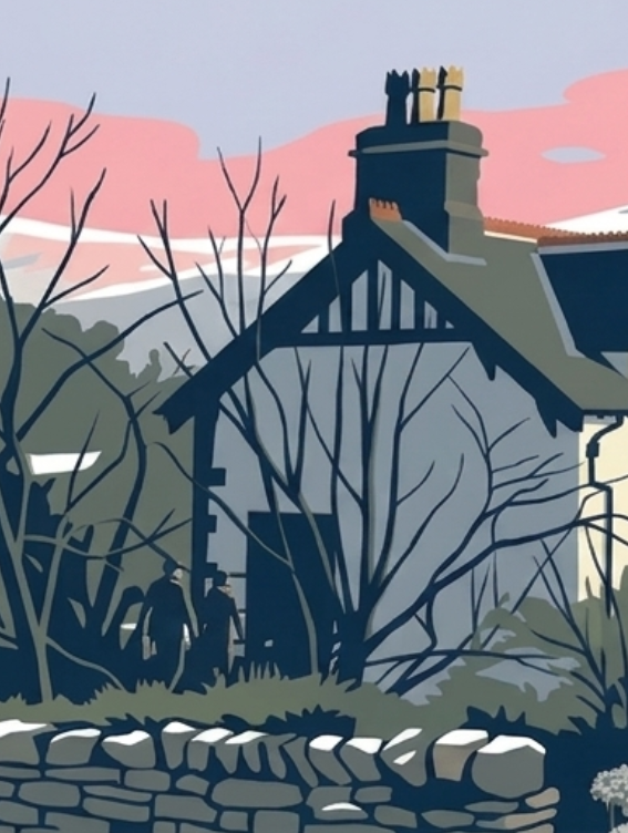 Close-up detail of The Mortal Man poster highlighting the inn's traditional Lakeland architecture and winter trees.