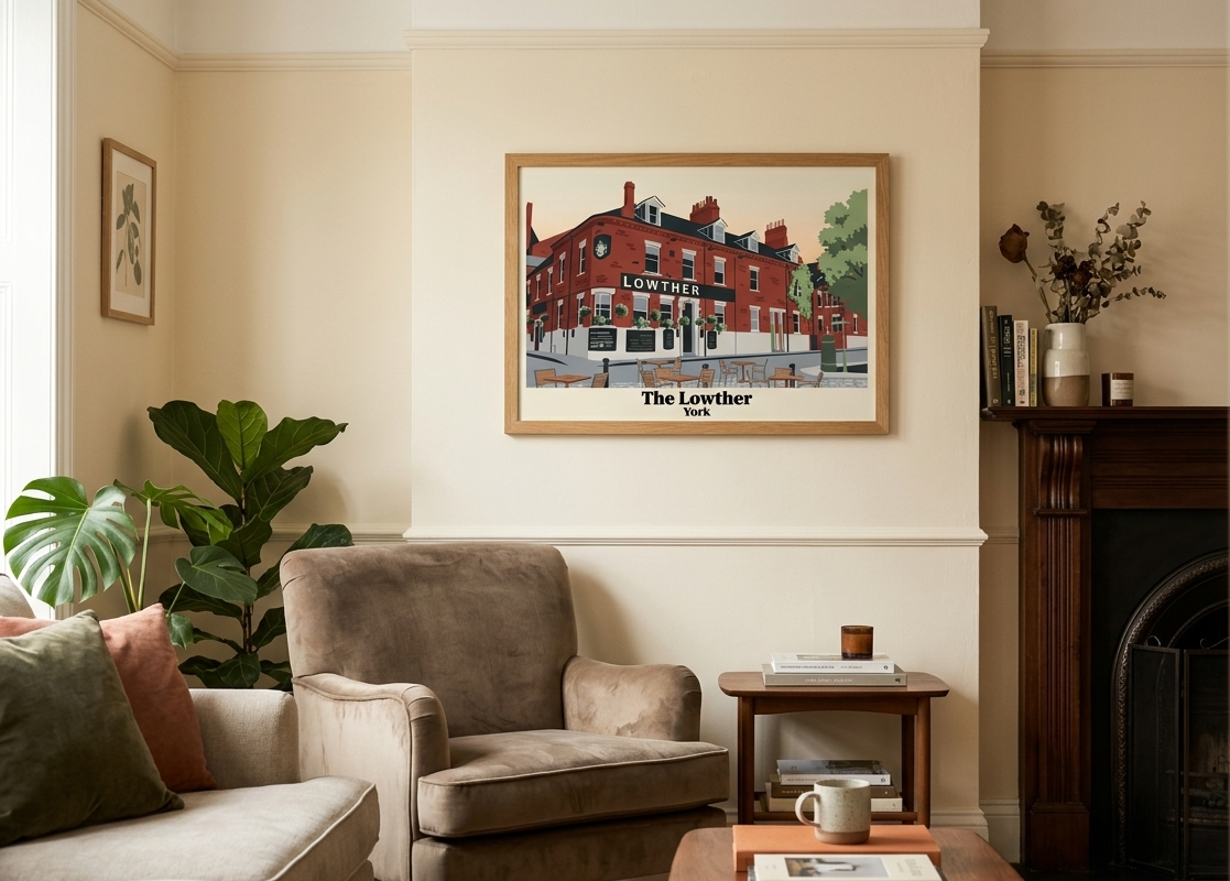 Mock up of a vintage travel poster of The Lowther pub in York, England., in a contemporary lunge setting.