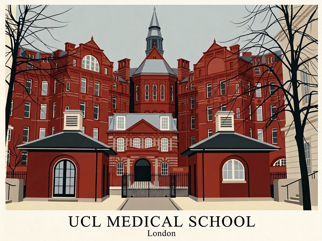 Minimalist UCL Medical School poster featuring the historic red-brick medical school building in London.
