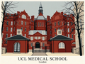 Minimalist UCL Medical School poster featuring the historic red-brick medical school building in London.