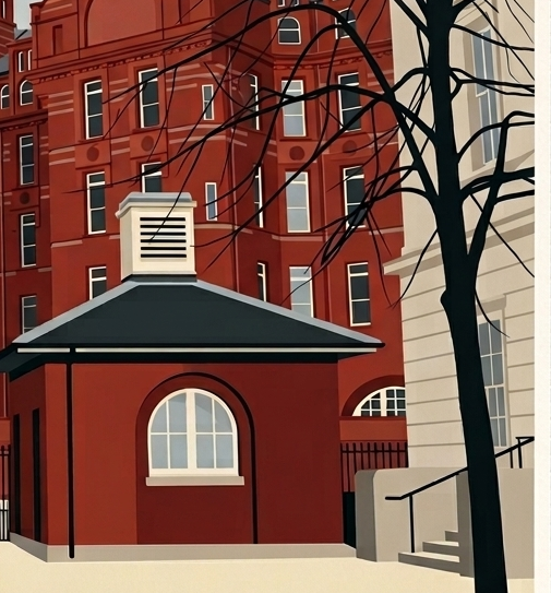 Close-up detail of the UCL Medical School poster showing architectural features and red-brick façade.