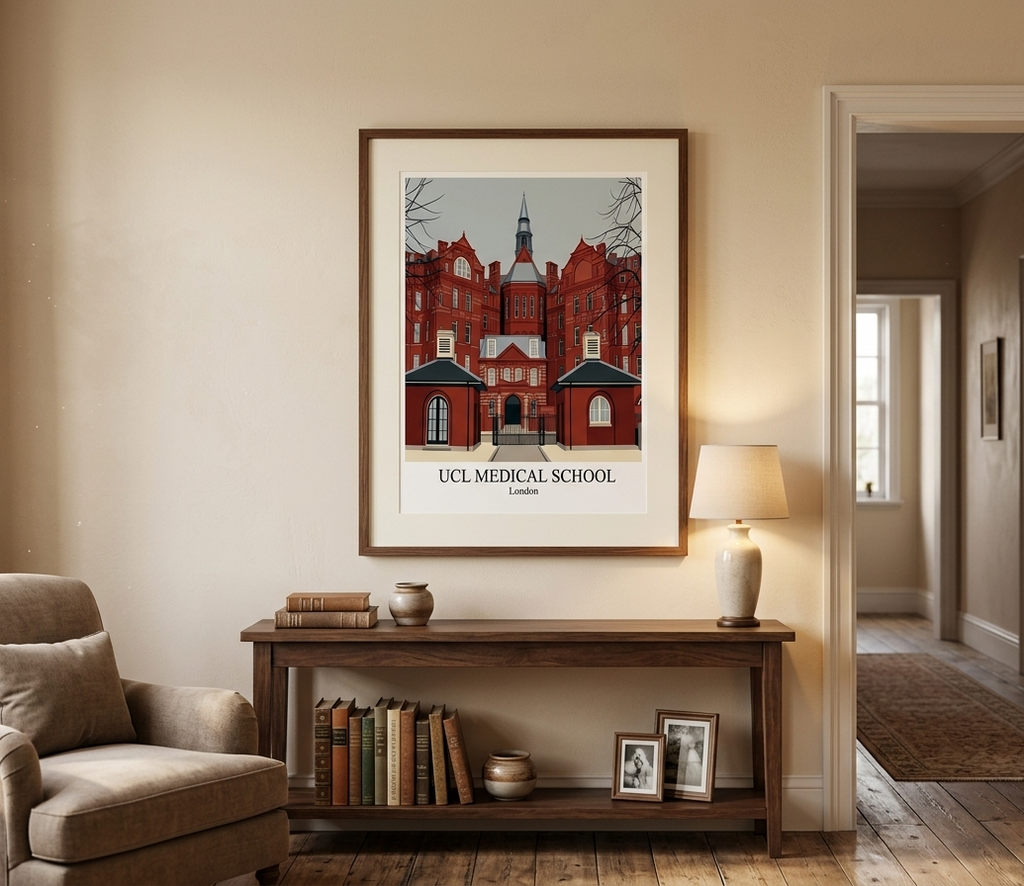 Framed UCL Medical School poster displayed in a contemporary interior setting.