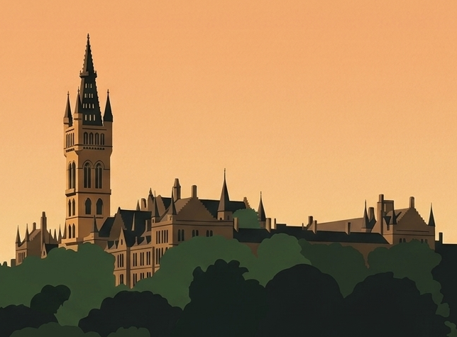Close-up detail of University of Glasgow poster showing the iconic tower and Gothic-inspired architecture