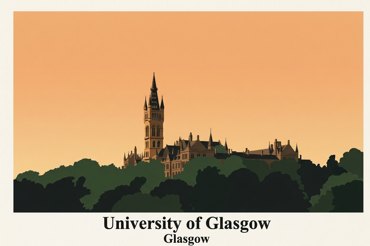 University of Glasgow poster featuring the university tower and historic campus silhouetted against a warm evening sky