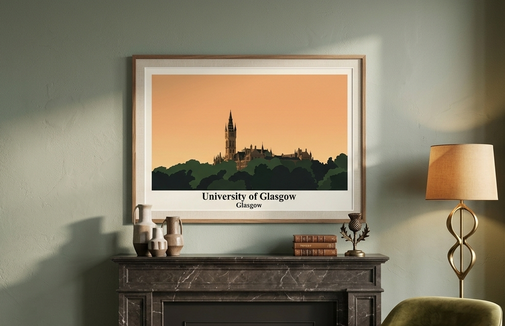 Framed University of Glasgow poster displayed above a fireplace in a contemporary interior