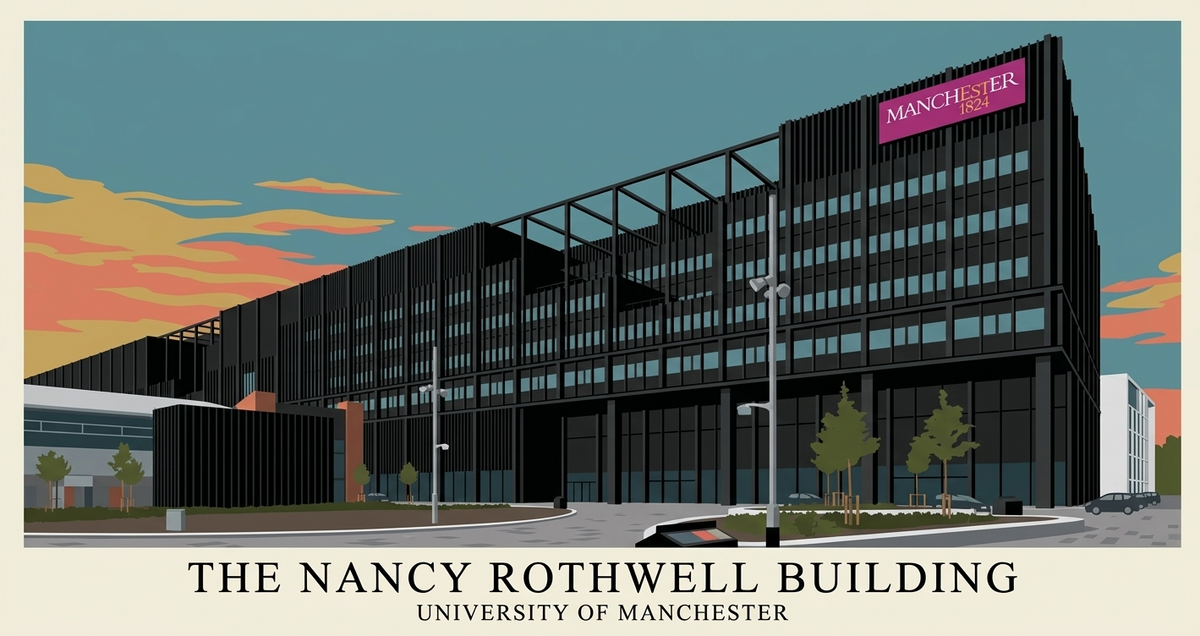 Nancy Rothwell Building poster featuring the University of Manchester landmark in a modern flat-graphic architectural illustration at sunset.