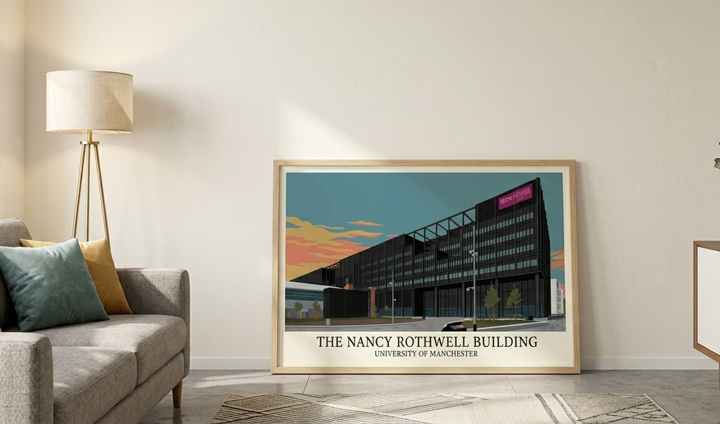 Framed Nancy Rothwell Building poster displayed in a contemporary interior setting.