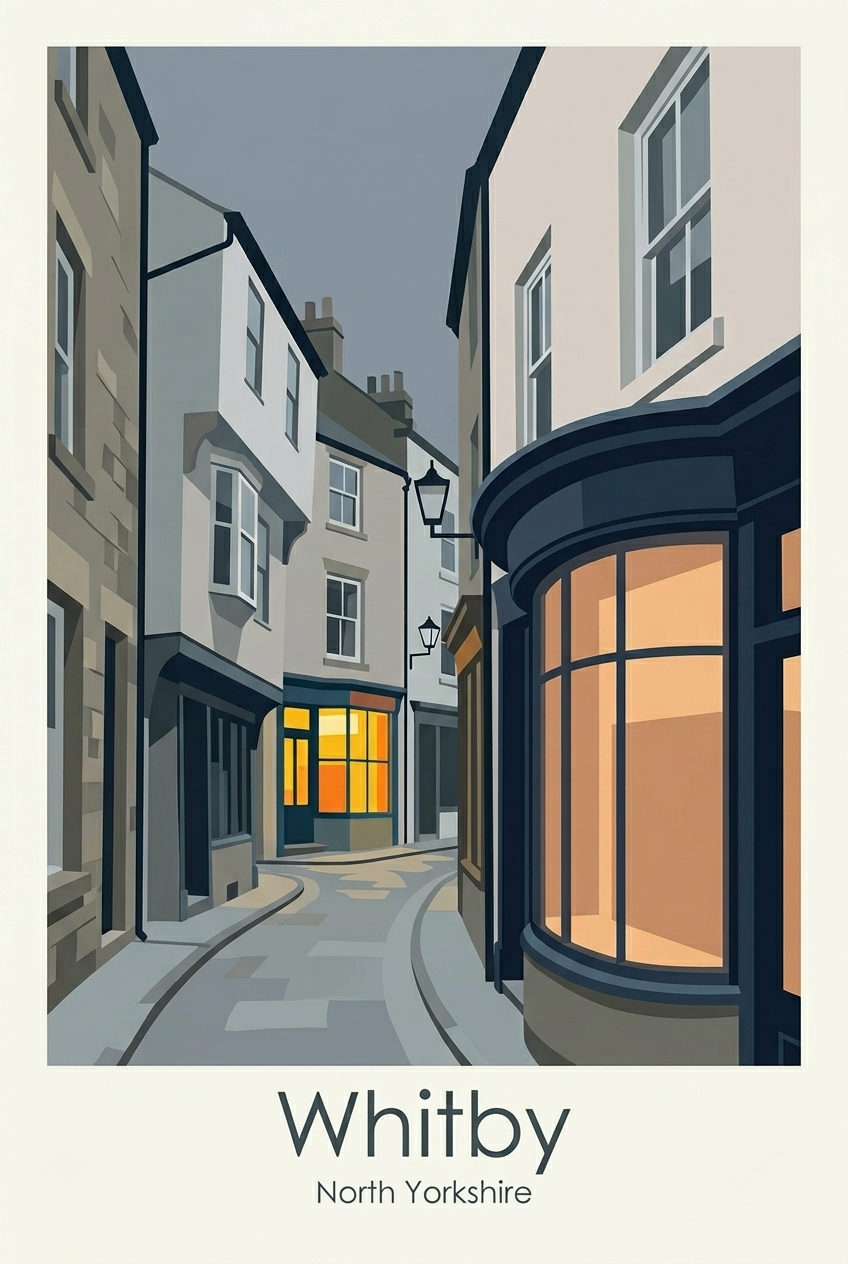 Whitby poster featuring a winding street scene in Whitby, North Yorkshire, created in a flat graphic travel poster style.