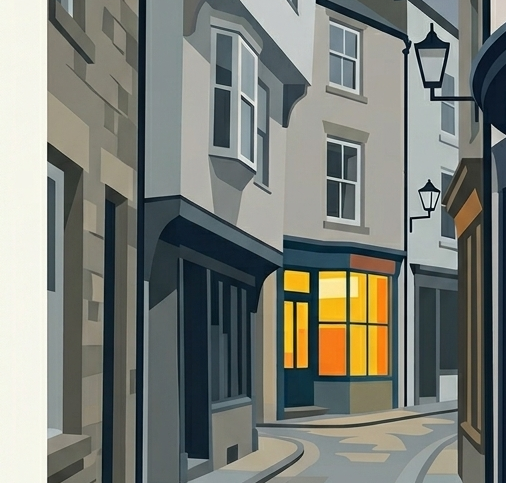 Close-up detail of a Whitby poster showing illuminated shopfronts and historic North Yorkshire coastal architecture.