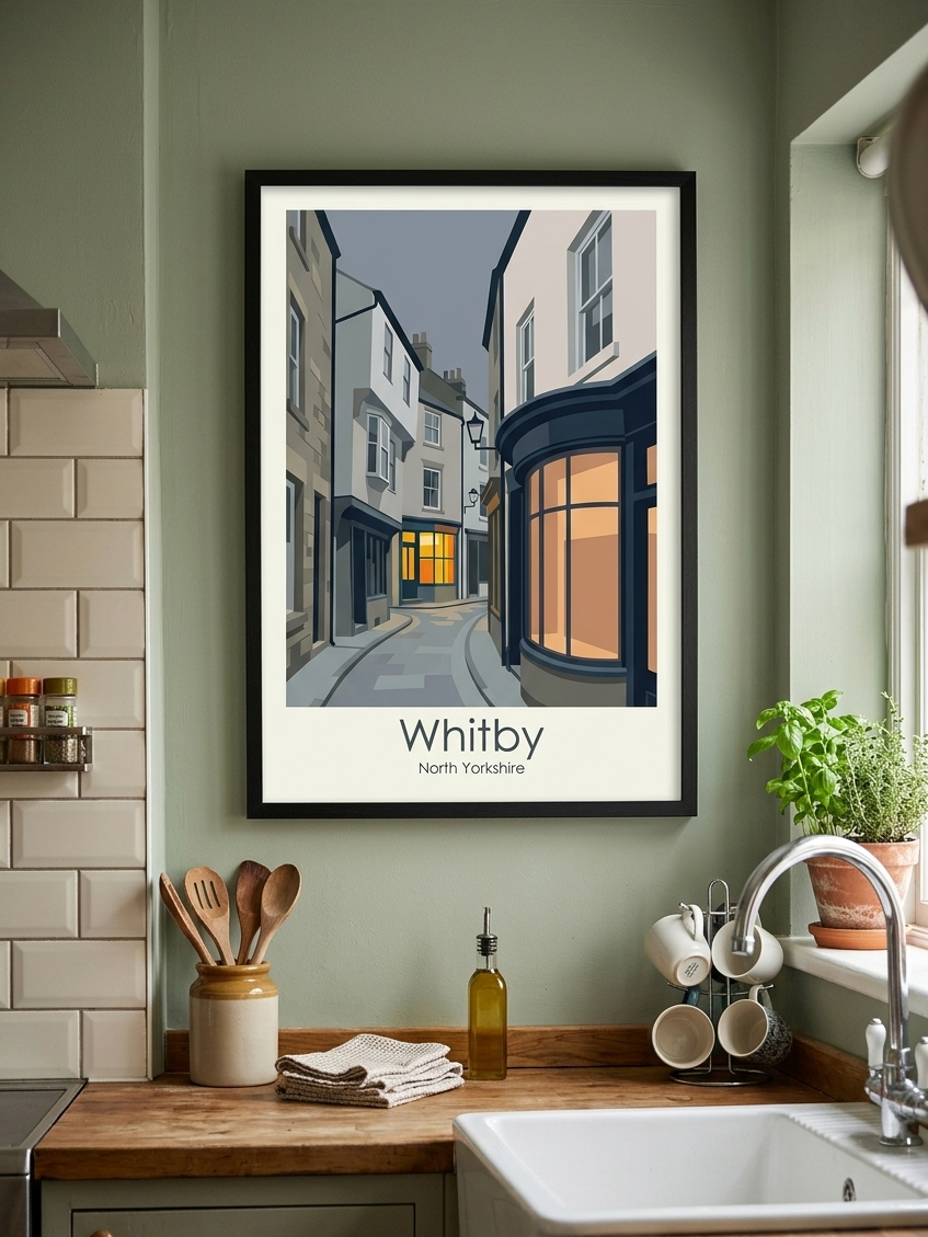 Framed Whitby coastal poster displayed in a kitchen interior, inspired by Whitby, North Yorkshire.