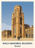 Wills Memorial Building poster in Bristol featuring the Gothic Revival tower in a contemporary flat-graphic architectural style.