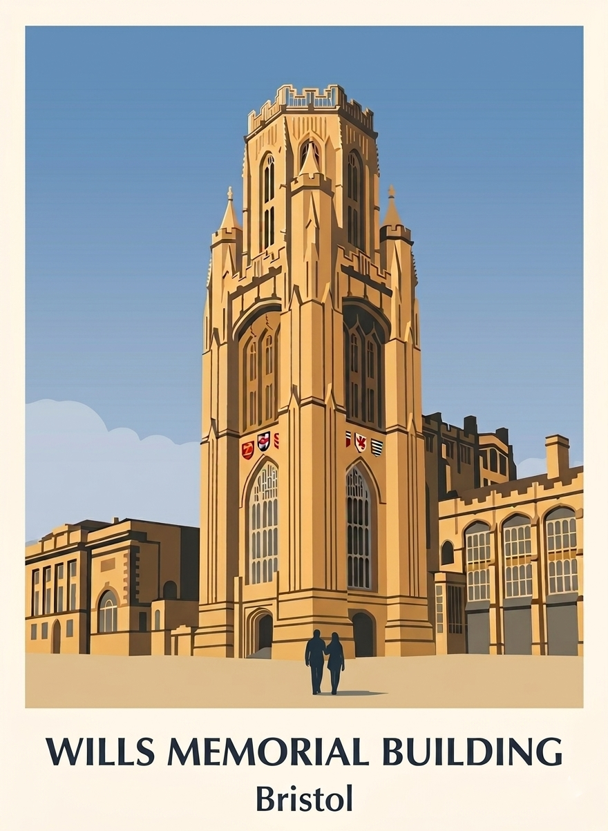 Wills Memorial Building poster in Bristol featuring the Gothic Revival tower in a contemporary flat-graphic architectural style.