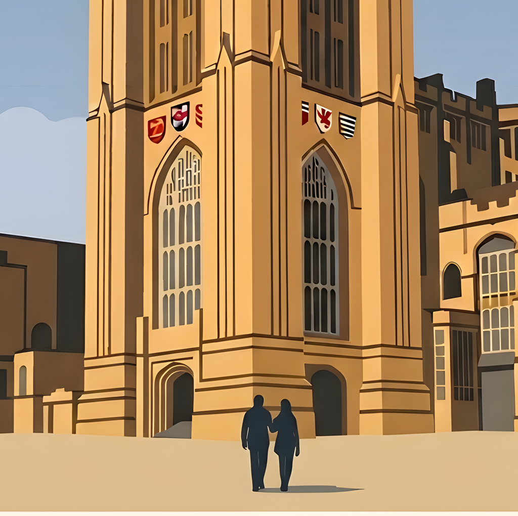 Detail of the Wills Memorial Building poster showing the tower, stonework and warm evening sky.
