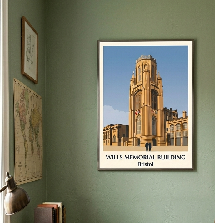 Framed Wills Memorial Building poster displayed in a modern interior. Bristol architectural wall art print.