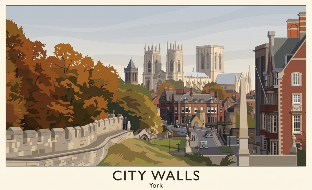 Vintage travel poster showing York City Walls leading towards York Minster in autumn.