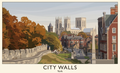 Vintage travel poster showing York City Walls leading towards York Minster in autumn.