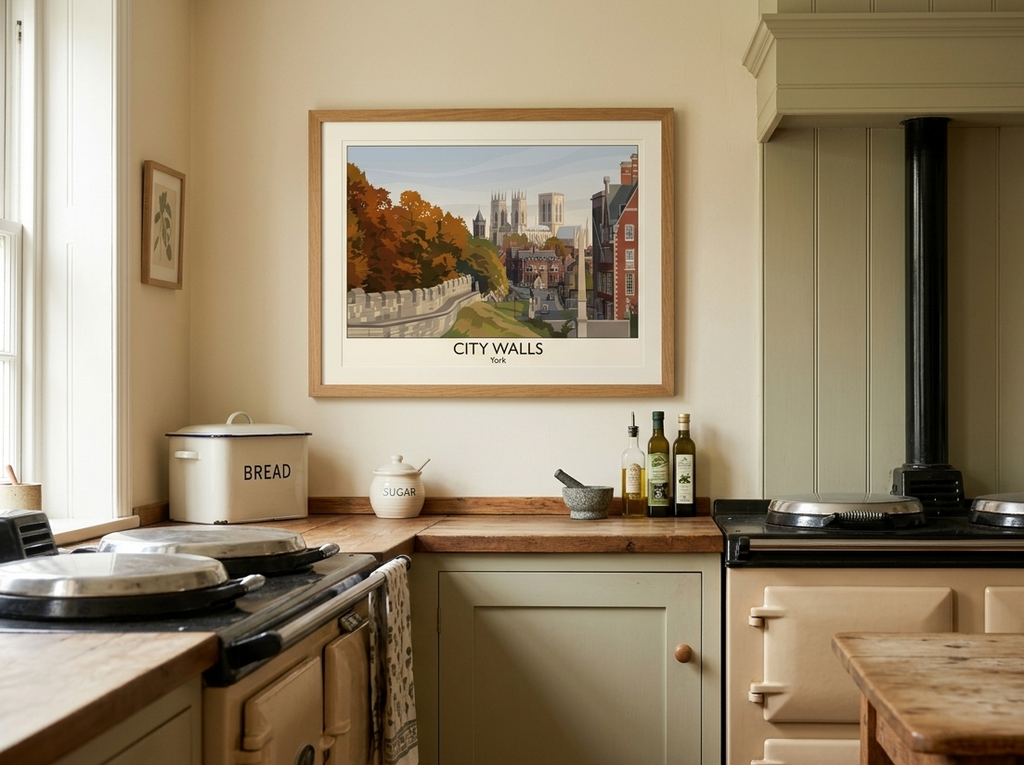 Mock up showing vintage travel poster of York City Walls framed on a wall in a kitchen setting.