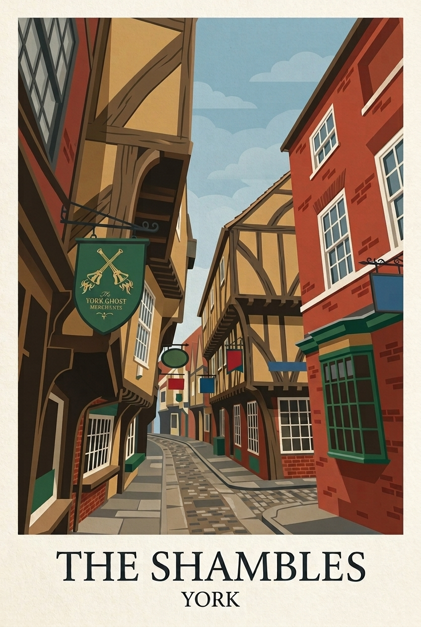 Illustrated travel poster of The Shambles, York, featuring its iconic medieval timber-framed buildings and cobbled street.