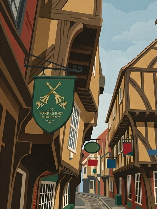Detialed image of Illustrated travel poster of The Shambles, York, featuring close up of the flat graphic detail.