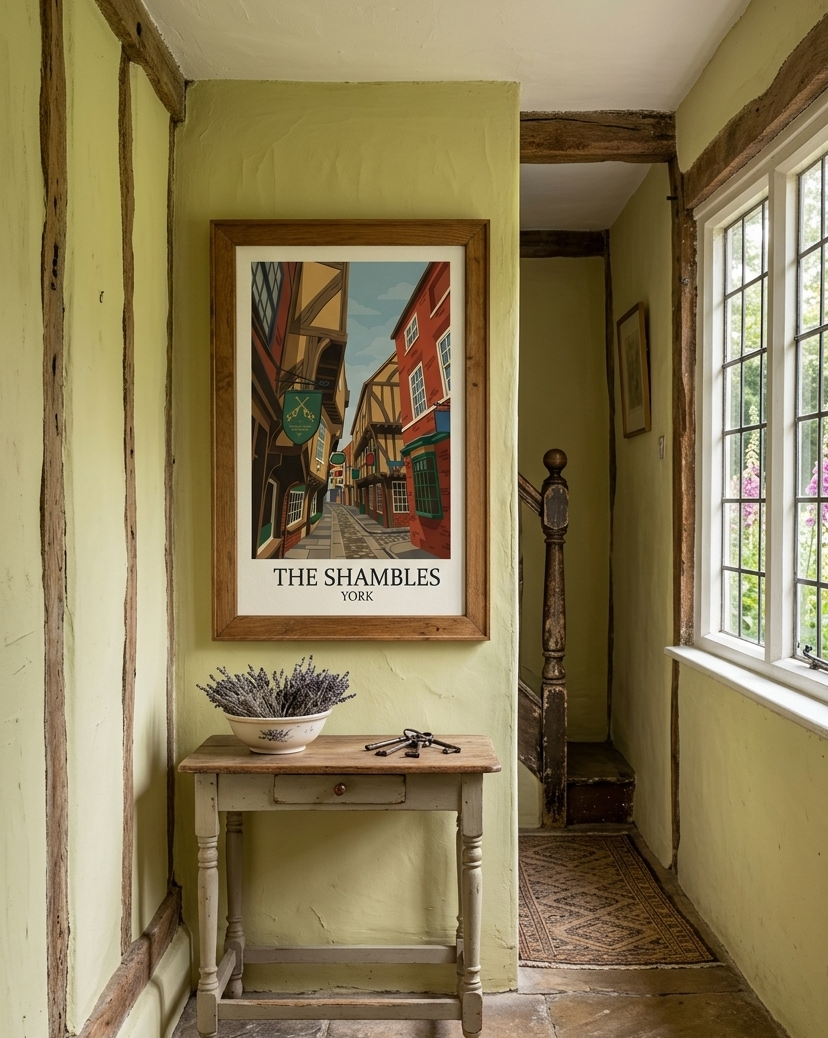 Illustrated mock up of travel poster of The Shambles, York, in a country cottage setting.